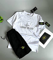 Летний мужской спортивный костюм футболка+шорты Stone Island White Black комплект Белый Турция вышивка