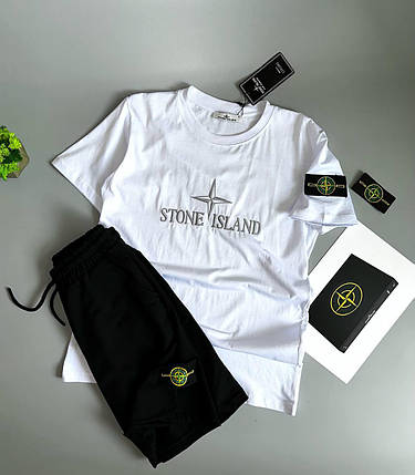 Літній чоловічий спортивний костюм футболка + шорти Stone Island White Black комплект Біла Туреччина вишивка, фото 1