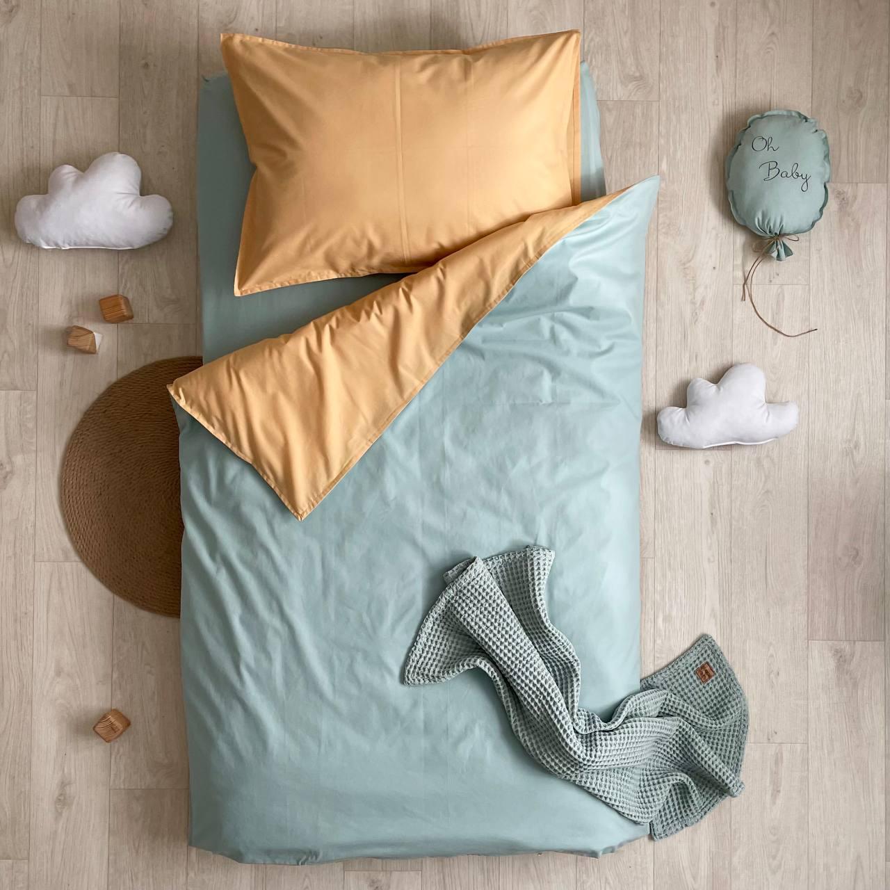 Підлітковий комплект постільної білизни Baby Chic ясла поплін гірчичний+м’ятний 3 предм, фото 1