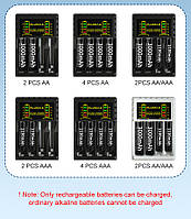 .Интеллектуальное зарядное устройство с 4 слотами ААА/АА Ni-Cd работает USB, 2 входа микро USB и Type