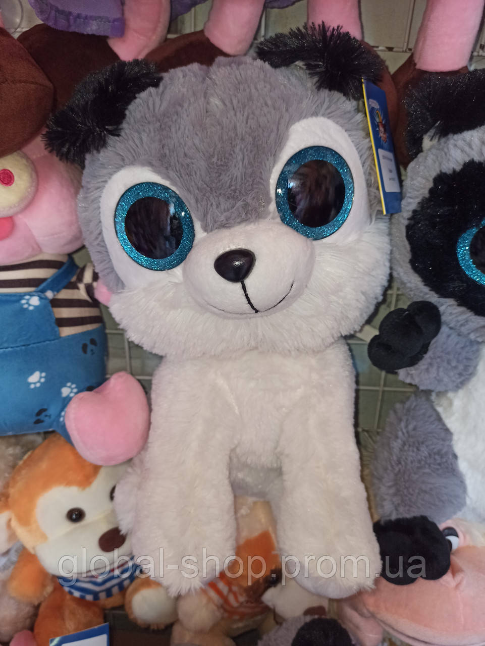 М'яка іграшка Окастик Собака хаскі плюшева велика 30 см Біло-сіра з чорними вушками