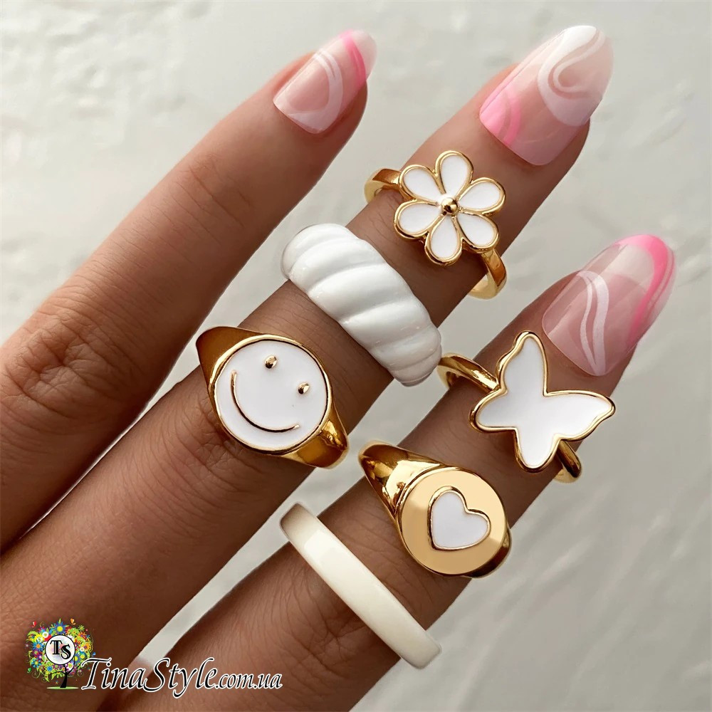 Набір колець з емаллю 6 шт кольца золото, фото 1