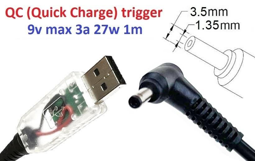 Перехідник для роутера 9v (3a, 27w) 3.5x1.35mm 1.2m з USB Type-A (male) Quick Charge QC тригер (A class) 1 день гар.