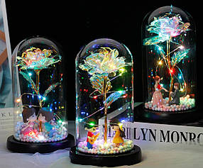 Троянда в колбі із зображенням дівчинки з бажань, Світлодіодні миготливі квіти в склі, Стабілізована троянда