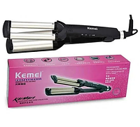 Тройные щипцы плойка для укладки волос Kemei JFO KM-2022 черная | Прибор для локонов | Плойка 3 волны