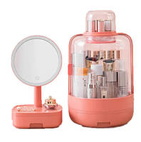 Набор для макияжа 2в1 (LED зеркало/Органайзер для косметики) Pink | Подставка для хранения косметики