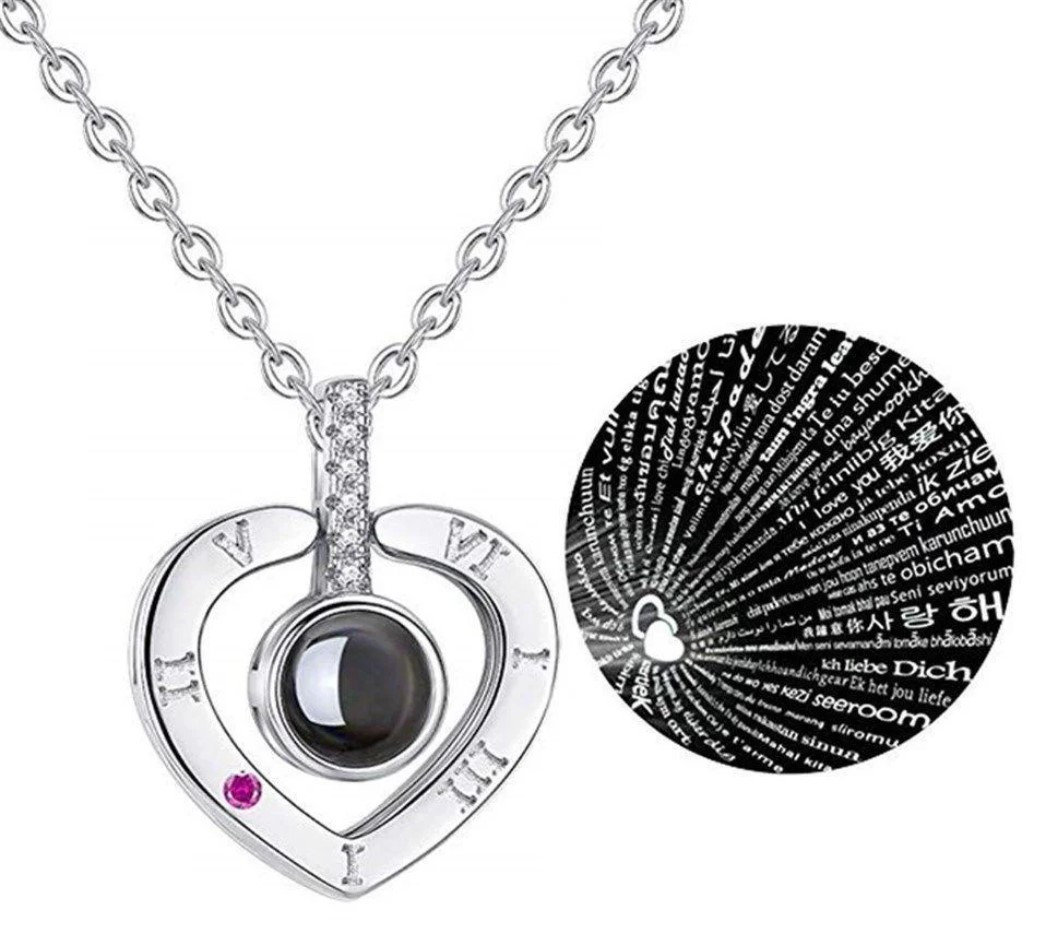 Кулон I love you 100 мовами світу СРІБНЕВИЙ, Кулон-проектор Серце "Я тебе люблю", фото 1