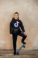 Костюм на дівчинку зимовий Чорний з принтом Теплий костюм-двійка з капюшоном вік 6-10 років, фото 5