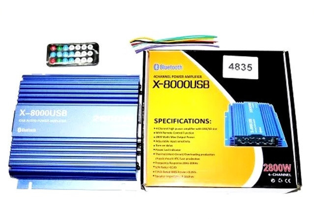 Підсилювач CAR AMP V8 / X-8000 USB BT 4Chanel 2800W, Аудіо підсилювач, Підсилювач звуку в авто