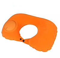 Дорожная надувная подушка подголовник на шею со встроенной помпой TRAVEL NECK PILLOW Оранжевая