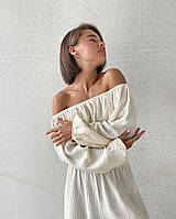 Женский костюм летний прогулочный из муслина: блузка с открытыми плечами и широкие штаны палаццо прямого кроя 42/44, Молочный