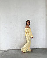 Женский костюм летний прогулочный из муслина: блузка с открытыми плечами и широкие штаны палаццо прямого кроя 42/44, Желтый