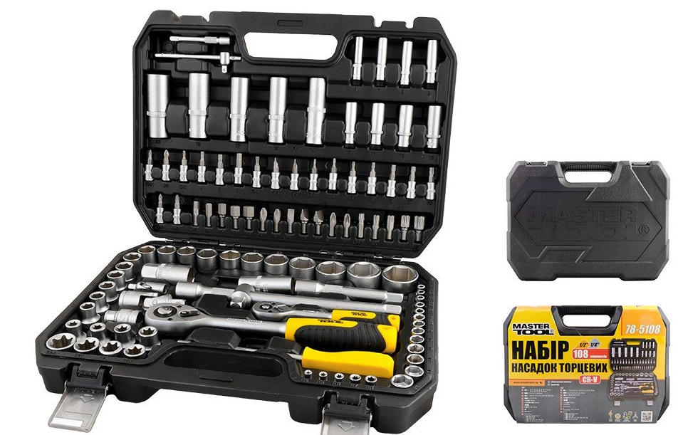 Набір насадок торцевих Mastertool CrV 1/4 -1/2 з тріскачкою 108 предметів, Набір інструменту у валізі, фото 1