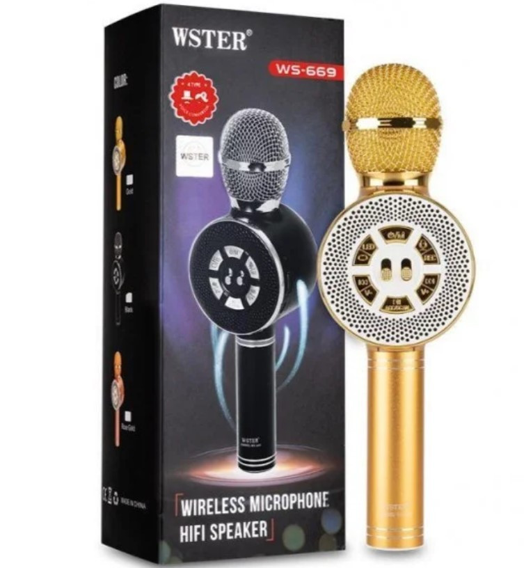 Дитячий мікрофон з функцією караоке USB, microSD, AUX, Bluetooth Wster WS-669 Золотий, Бездротовий мікрофон, фото 1