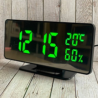 Часы VST 888Y с датчиком температуры и влажности зеленые | Электронный будильник | Зеркальные цифровые часы
