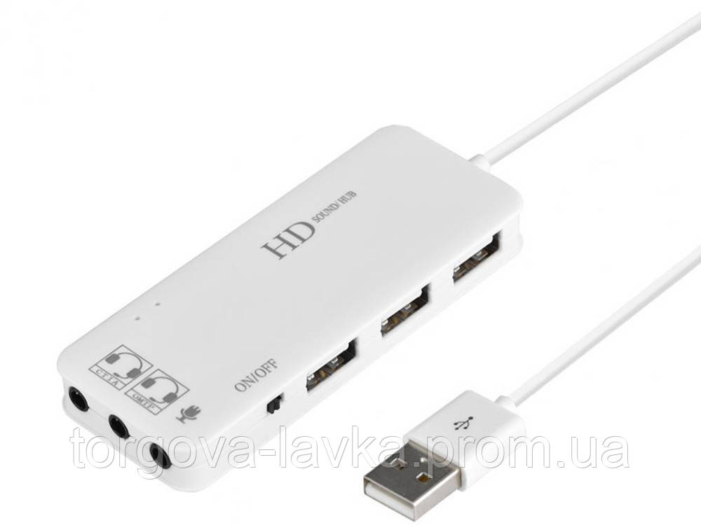 Звуковая карта хаб на 3xUSB для компьютера и ноутбука Белый - фото 1 - id-p1804692141