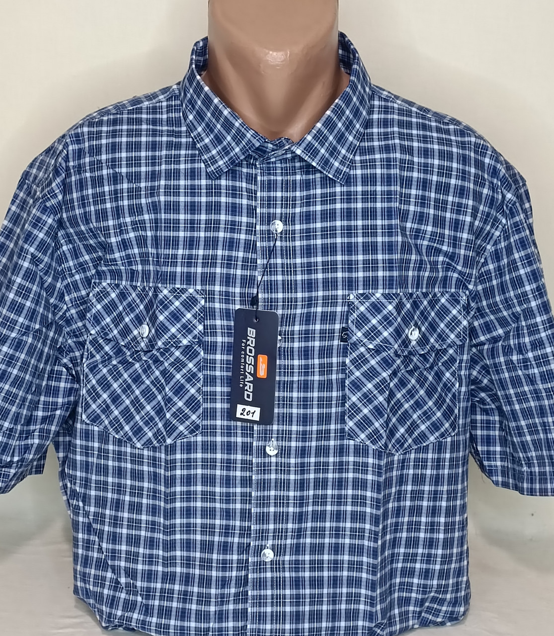 Чоловіча сорочка великого розміру Brossard vk-0201 класична синя картата бавовна, теніска чоловіча бавовна 49