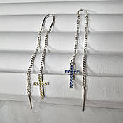 Сережки протяжки срібні з хрестиками та кольоровими фіанітами