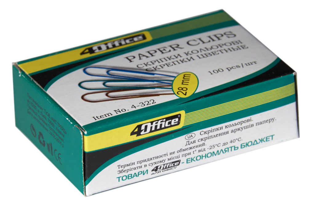 Скріпки 4Office 28мм 100шт кольорові (4-322), фото 1