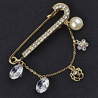 Брошка-бавка металева золотиста скристаломи намистини на ланцюжку розмір виробу 60 мм ювелірне виготовлення