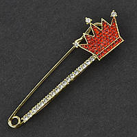Брошка-бавка металева золотиста з кристалами червона коронка розмір виробу 60 мм