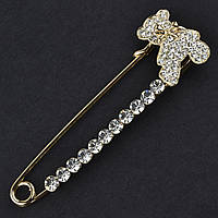 Брошка-бавка металева золотиста з кристалами ведмедик розмір виробу 80 мм ювелірне виготовлення