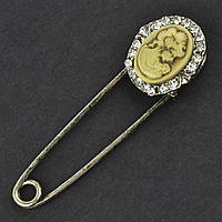 Брошка металева срібляста кристалами кам'яна розмір виробу 70 мм наліт патини