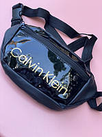 Бананка с экокожи Лаковая Calvin Klein стильная поясная сумка молодежная сумка на пояс Черная