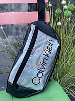 Бананка с экокожи Лаковая Calvin Klein стильная поясная сумка молодежная сумка на пояс Серая