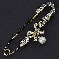 Брошка-бавка металева золотиста кристалами бантик із перлиною розмір виробу 75 мм ювелірка