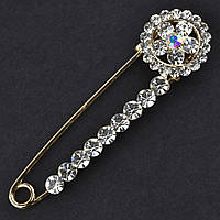 Брошка-бавка металева золотиста з кристалами квітка в кругі розмір виробу 80 мм ювелірка