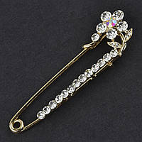 Брошка-бавка металева золотиста з кристалами квітка розмір виробу 60 мм ювелірне виготовлення