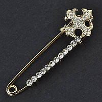 Брошка-бавка металева золотиста з кристалами хрестик розмір виробу 60 мм ювелірне виготовлення