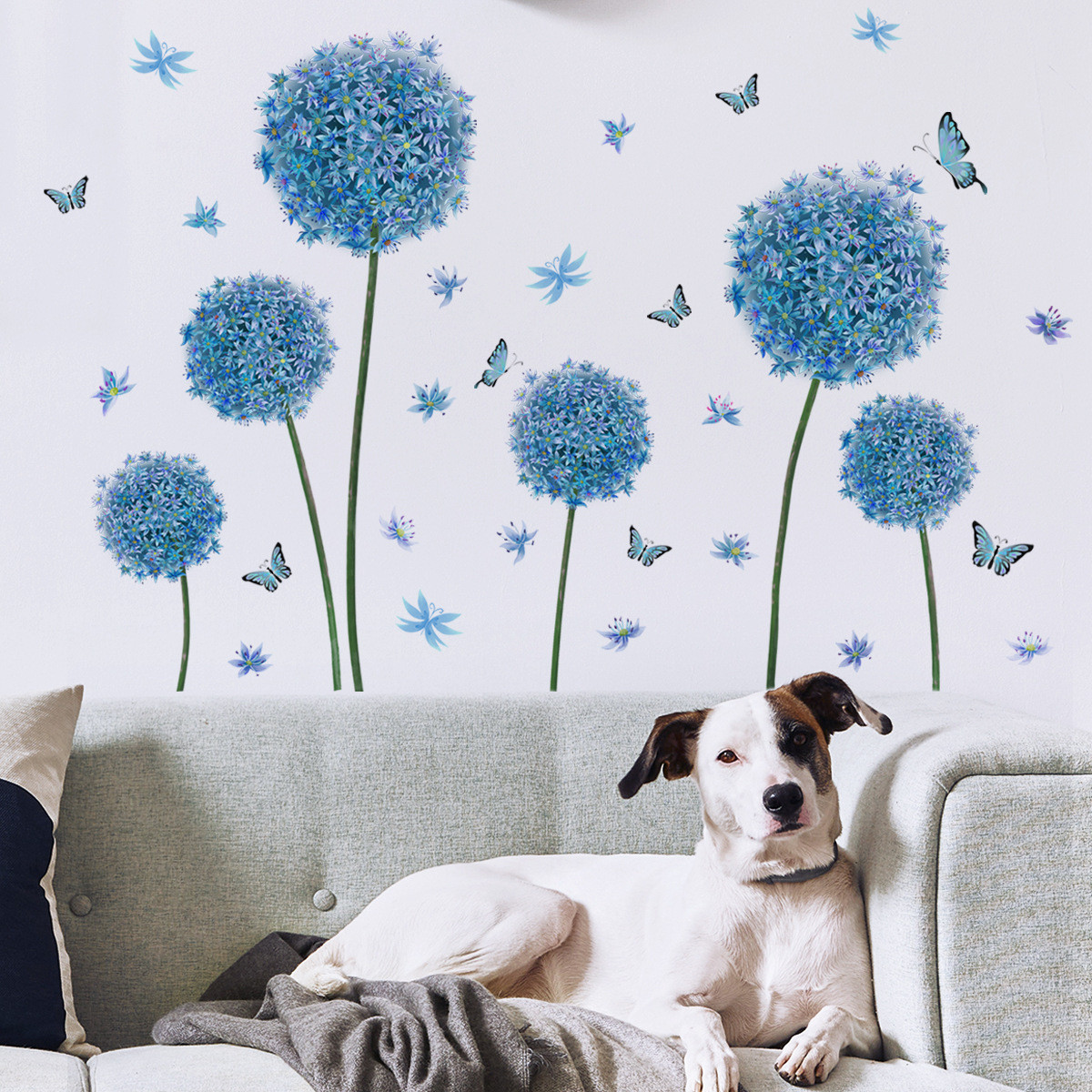 Наклейка на стіну декоративна вінілова блакитна квіти з метеликами 105*69 8647
