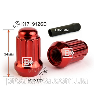 Гайка колісна 911144 RD Cr M12X1,25 Червона хром висота 33 мм 12 променів, закр., спец., фото 1