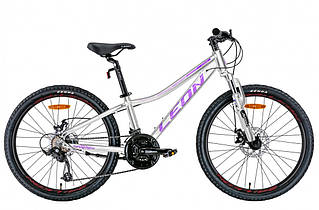 Велосипед алюмінієвий підлітковий 24" Leon JUNIOR AM DD рама 12" білий з бузковим