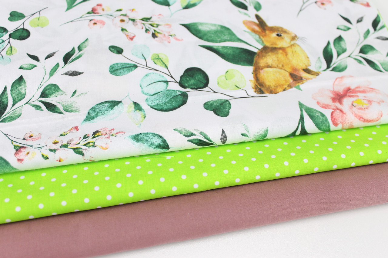 Набір тканин 40*40 з 3-х шт "Кролики із зеленими гілочками" №НБ-106