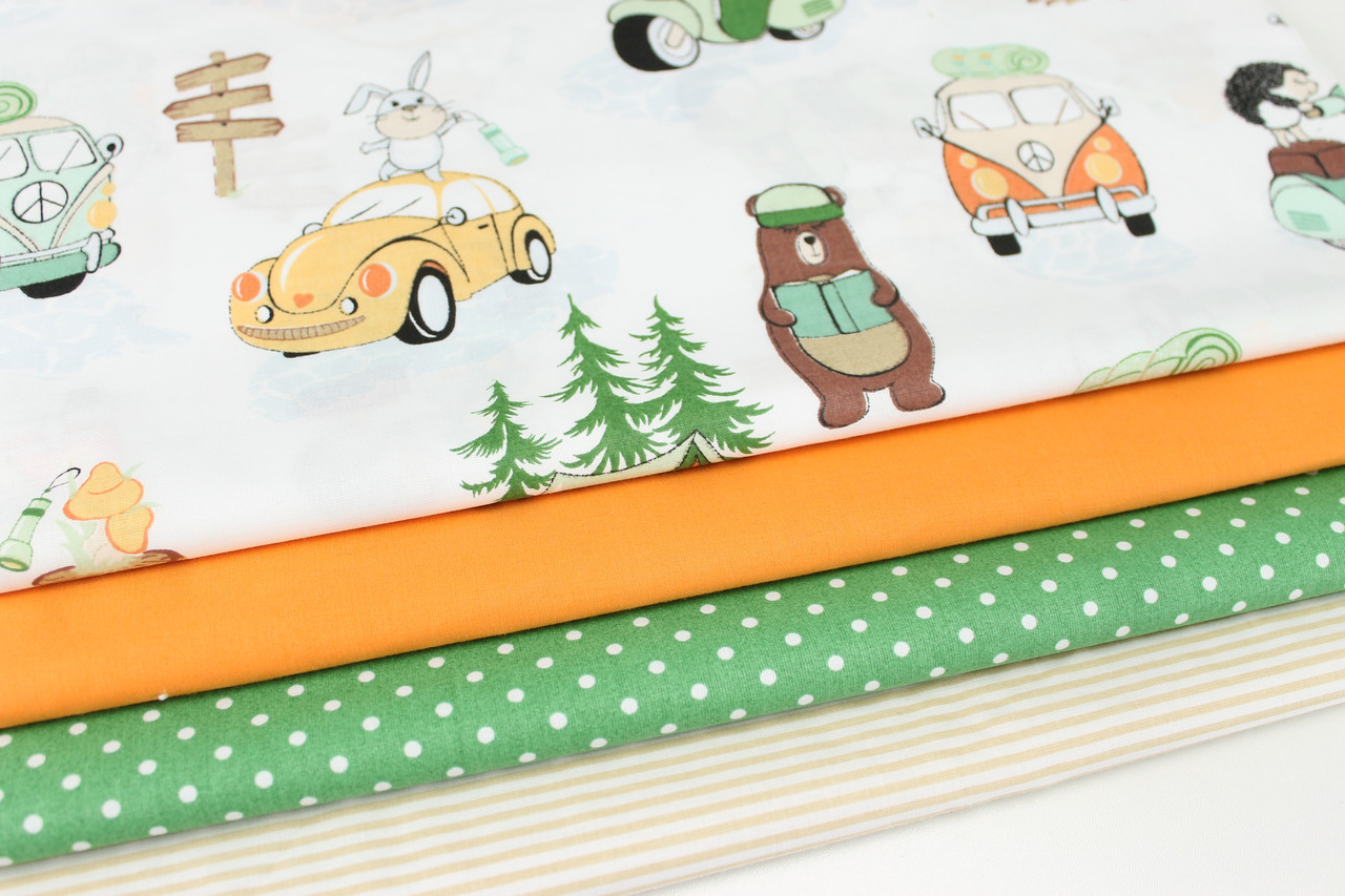 Набір тканин 40*40 з 4-х шт "Звірята на транспорті та оранжево-м'ятні мікро автобуси" №-108, фото 1