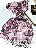 Красивый осенне-весенний шарф палантин с принтом букет осени 70х180 Турция Палантин, лилово-розовый