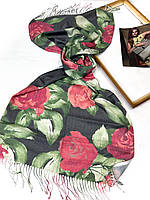 Красивый осенне-весенний шарф палантин с принтом букет осени 70х180 Турция Палантин, Черно-красный