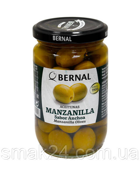 Оливки зелені з кісточкою зі смаком анчоуса Мансанілья БЕЗ ГЛЮТЕНУ Bernal Manzanilla Olives 300г Іспанія