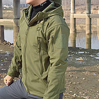 Легкая теплая тактическая куртка с флисом олива Soft Shell военная ветровка осенняя весенняя софтшелл, GP1 4XL