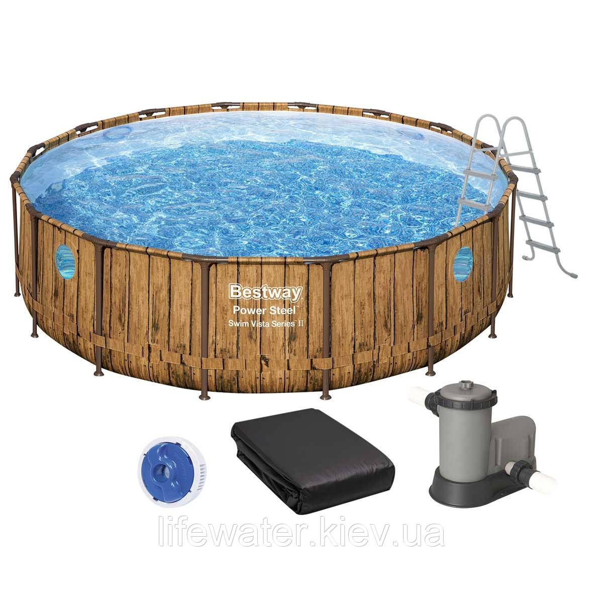 Bestway Каркасний басейн Bestway Дерево 56725 (488х122 см) з картриджним фільтром, драбиною та тентом