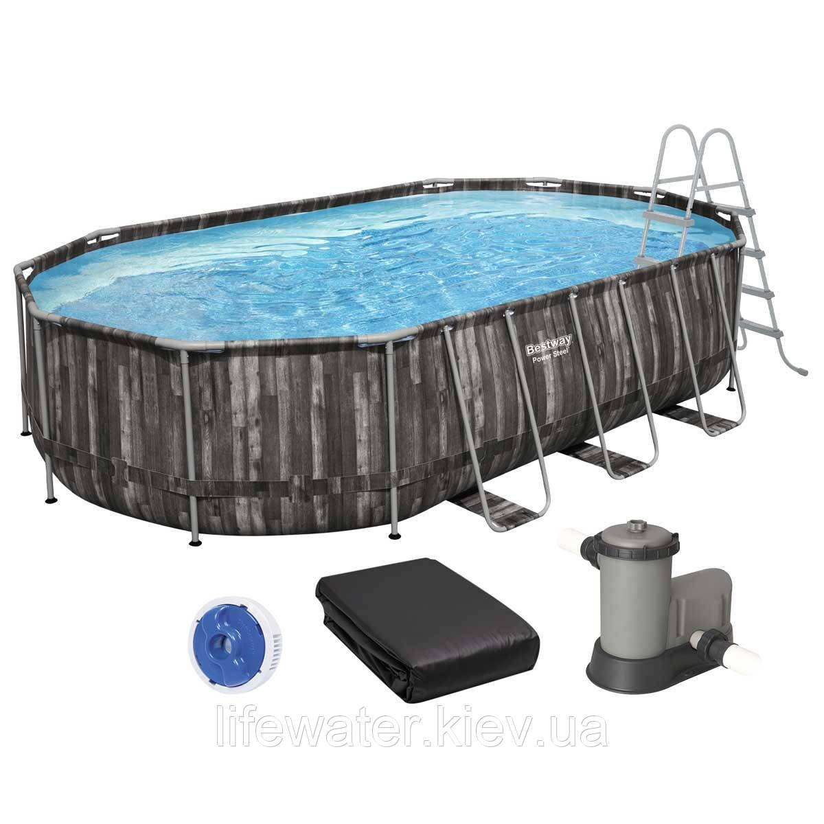 Bestway Каркасний басейн Bestway Wood Style 5611R (610х366х122 см) з картриджним фільтром, драбиною та тентом