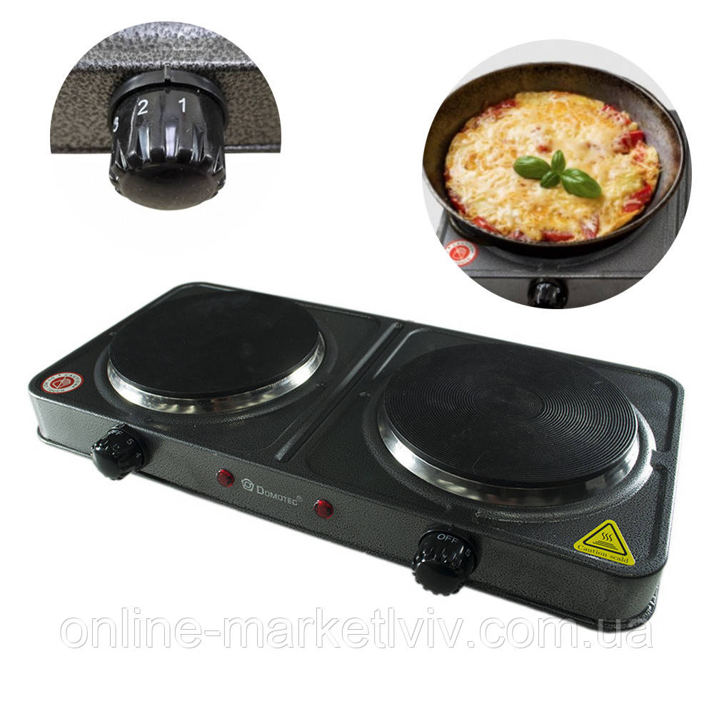 Плита електрична на 2 конфорки 2000Вт, Domotec MS 5822 / Настільна плита з регулюванням потужності - фото 1 - id-p1789804216