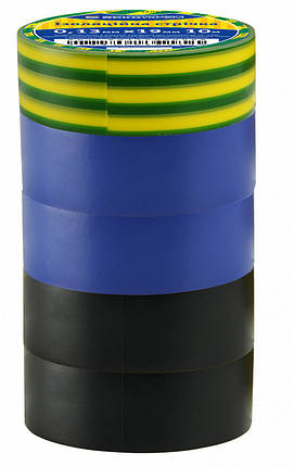 Ізоляційна стрічка АСКО-УКРЕМ ПВХ 0,13мм*19мм/10м (4 шт: 2 чорні, 2 сині, 1 ж/з) для електроізоляції, фото 1