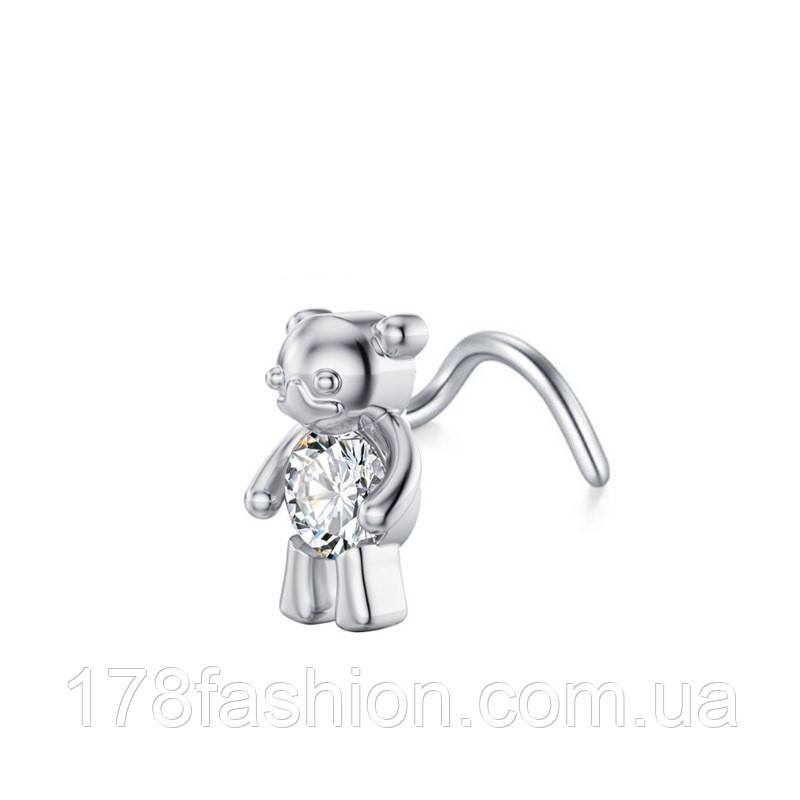 Сережка для пірсингу носа ведмедик з прозорим камінчиком під срібло, фото 1