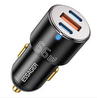 Автомобильное зарядное устройство Essager F689 66W Dual USB C+USB A Fast Car Charger Adapter Black