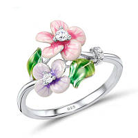 Элегантное эмалированное женское кольцо цветок розовый и фиолетовый с белыми фианитами размер 17