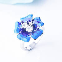 Стильное женское кольцо Синий цветок с белыми фианитами эмаль размер 18